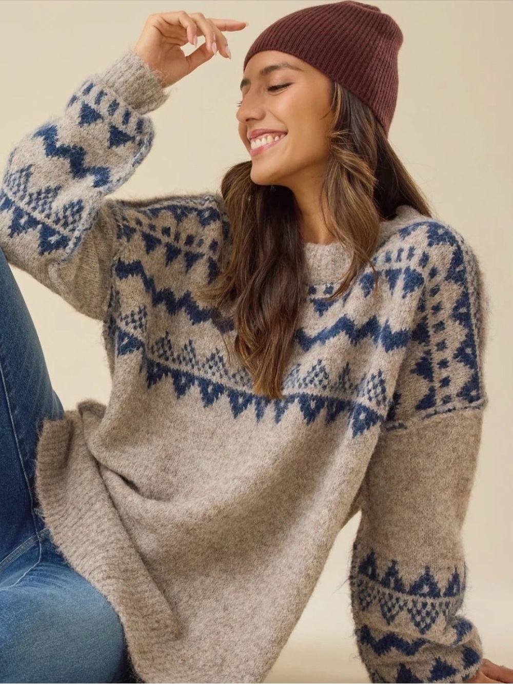 Altar’d State Fair Isle Nordic Sweater Blue Oatmeal Ladies Med Cozy Winter